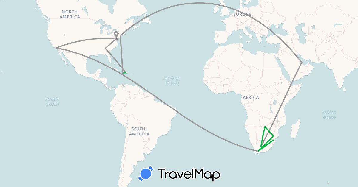 TravelMap itinerary: driving, bus, plane in Botswana, Dominican Republic, Haiti, Qatar, Swaziland, United States, South Africa, Zimbabwe (Africa, Asia, North America)